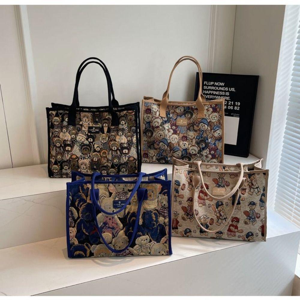 Convenient Portable Handbag Cartoon Bear Embroidered Casual Shoulder Bag Large Capacity Tote Bag