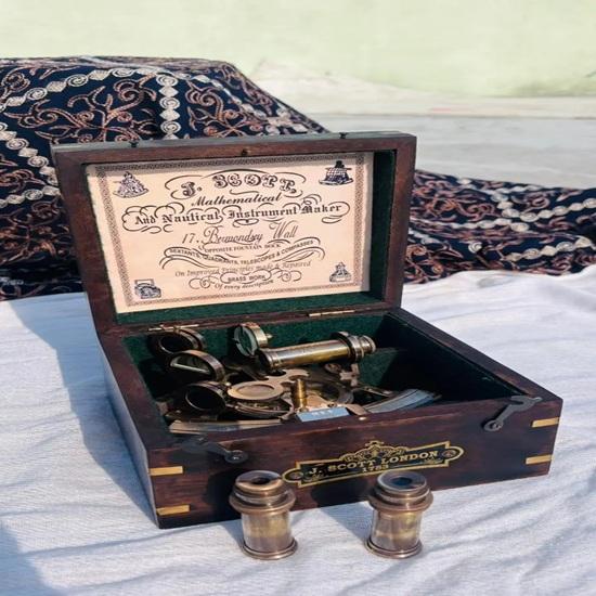 12.7 cm Brass Compass Sextant with Wooden Case Perfect Navigational Tool for Mariners Collectors J Scott London-Brass Sextant Gift