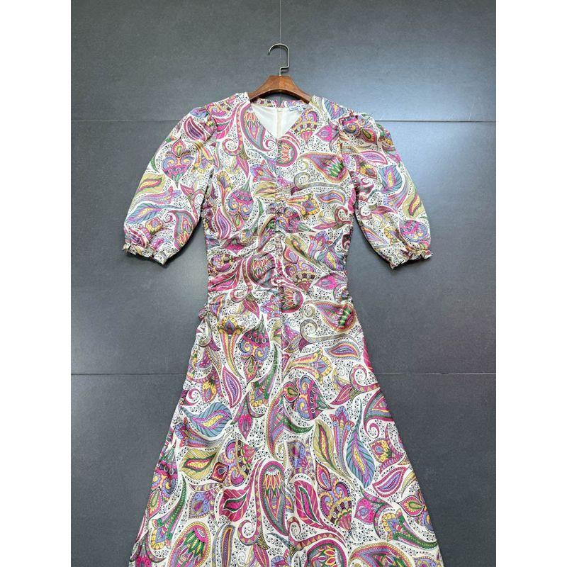 Foreign Trade Order Retro Palace Style Peach Heart Collar Paisley Waist Hugging Pleat Dress Slimming Long dress
