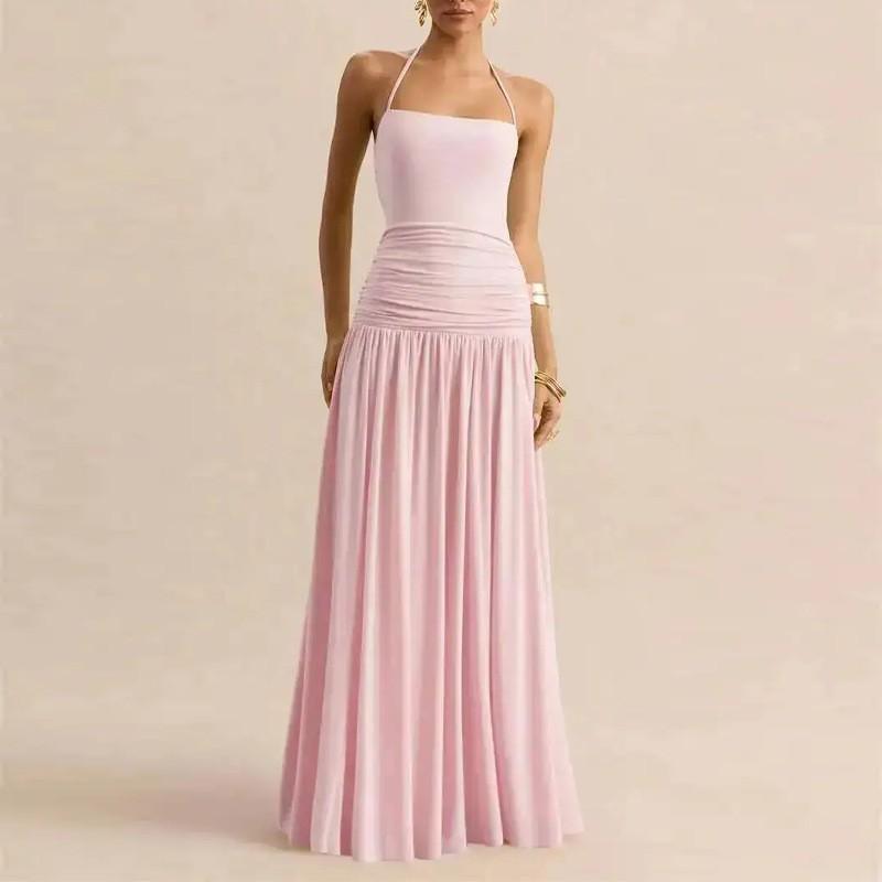 Elegant Solid Color Pleated French Style Sleeveless Maxi Dress High Waist Fit 2026 Womens Casual