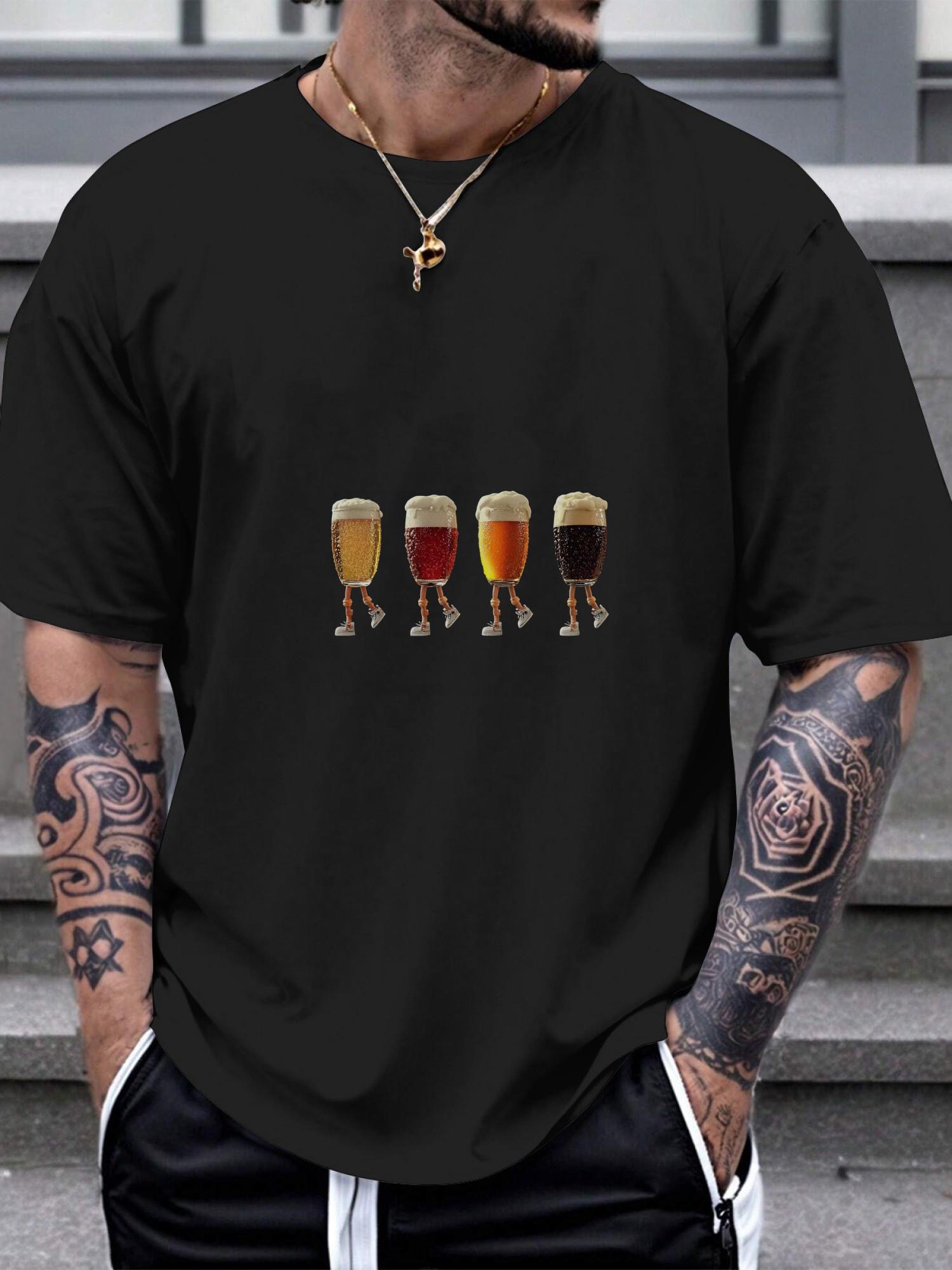 

1pc Black Beer Glasses Walking Crosswalk Graphic T-shirt - 180g Cotton Crew Neck Short Sleeve M