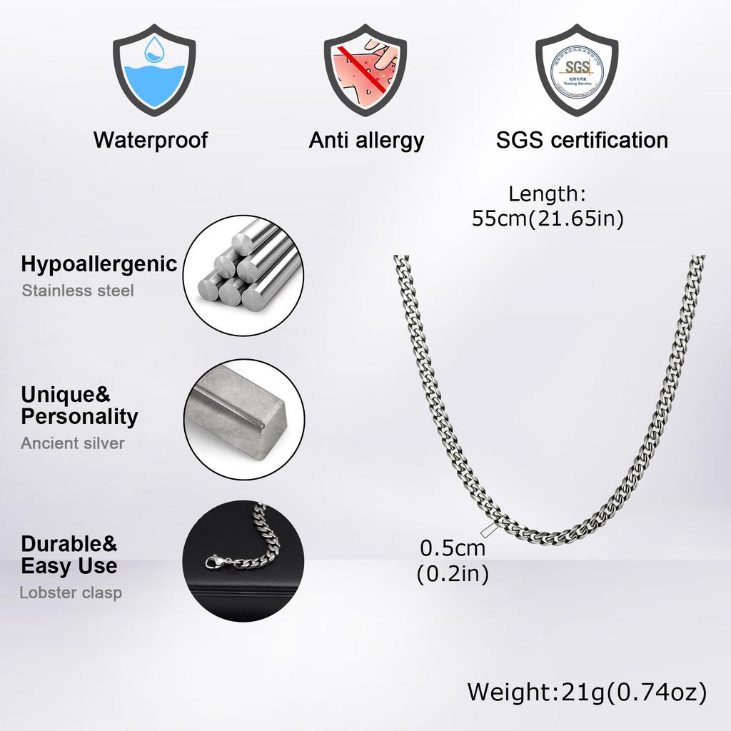 Retro Cuban Chain Necklace for Men Boys,Vintage Stainless Steel Miami Curb Collars,Rock Punk Antique Zircon Gifts