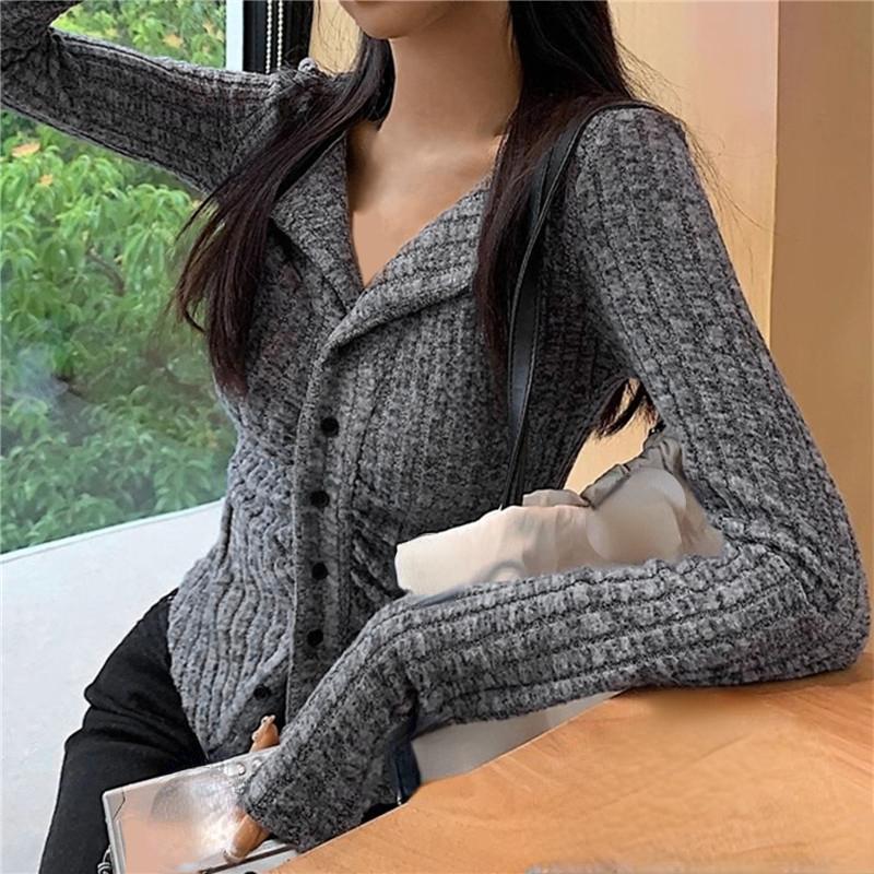 Korean New Knit Cardigan Women Y2k Clothes V Lapel Long Sleeve Knitted Jumper Collar Sweater Coat Vintage Slim Cardigan