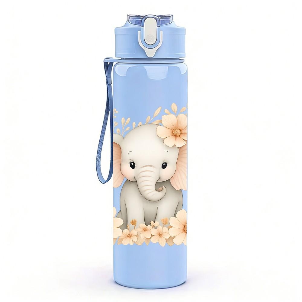 1PC Soft Floral Baby Elephant 750ml Color Plastic Sports Water Bottle Leakproof Flip Straw Lid Suitable for Sports Office Home Use