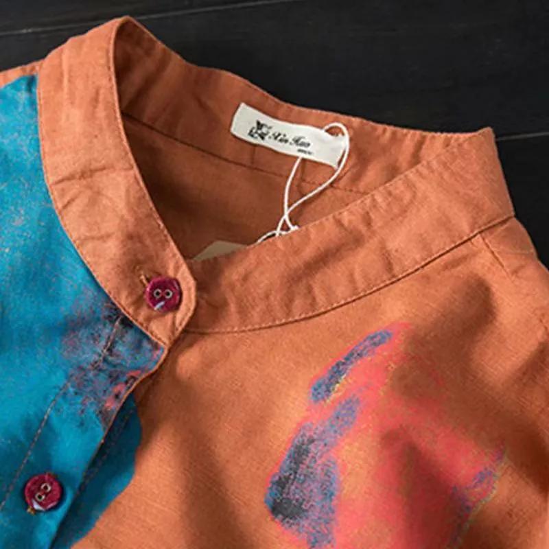 WoMan's Spring and Summer Stand-up Collar Printed Blouse Loose Mid-length Long-sleeved Shirt