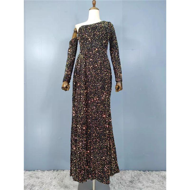 

Французская атмосфера Высокая холодная богиня цвет Пайетки Блестящее На одно плечо Диагональный воротник Ежегодное собрание Вечеринка по случаю дня рождения Вечернее длинное платье Color Sparkling Sequin L