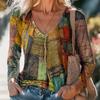 Ladies Spring Autumn Long Sleeve V Neck Loose Printed Pullover T Shirt Blouse Top