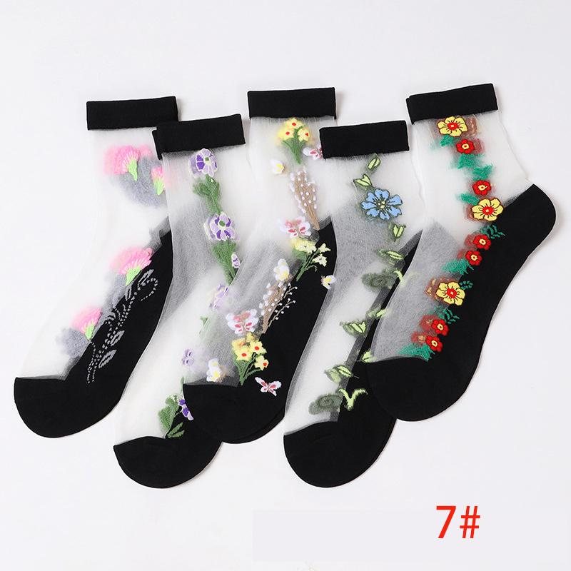 

5 пар/комплект женские и девушки чулки средней длины с кристаллами весна-лето тонкие вышитые кружевные дышащие нескользящие носки из стеклянного шелка 2457