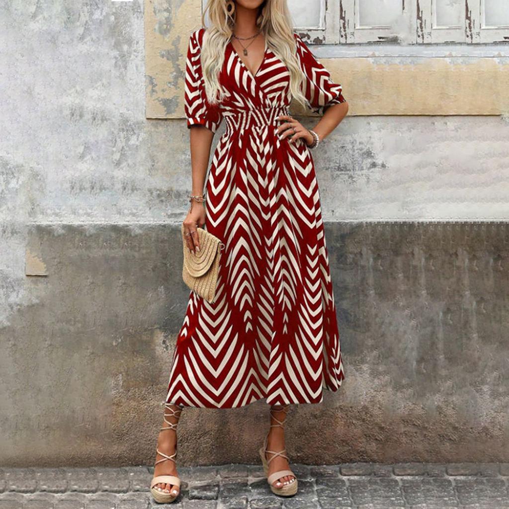 Damen Sommer Locker Halbarm V-Ausschnitt Bluse Mit Lockerer Und Enger Taille Lässiges Kleid