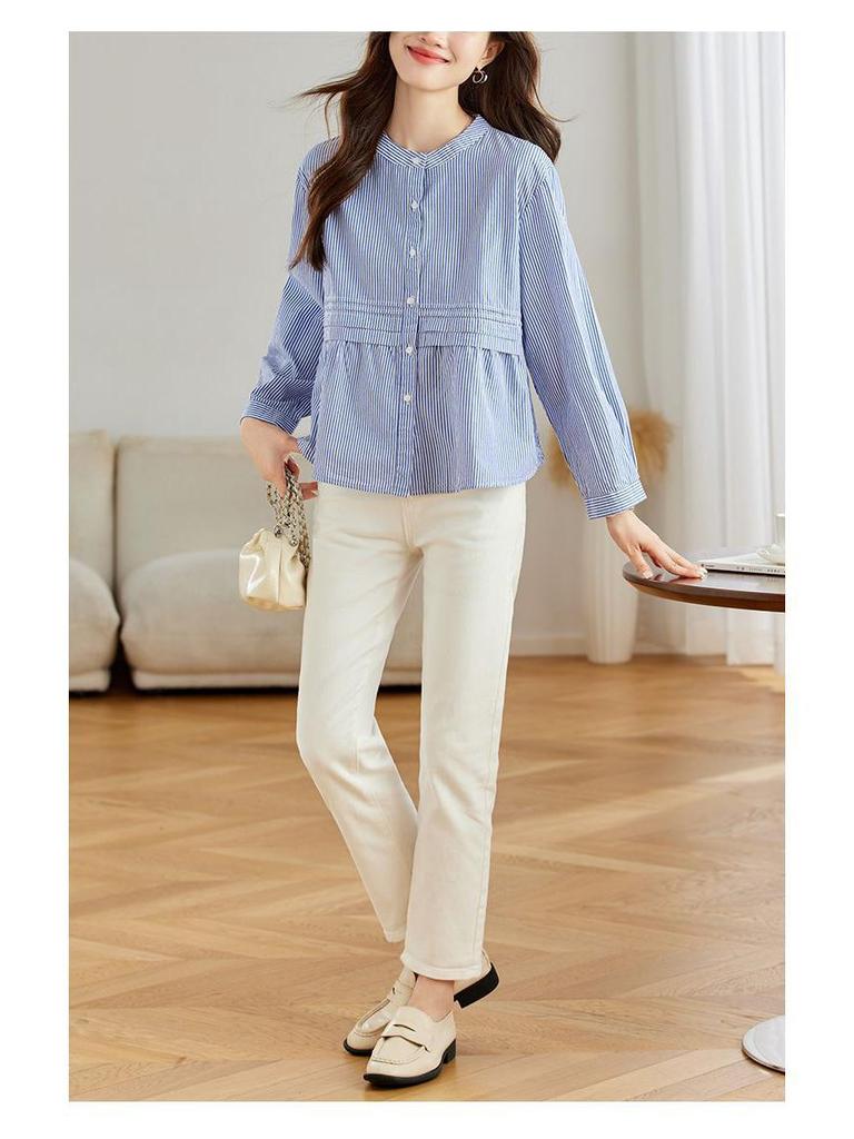 2025 Women's Pure Cotton Striped Long Sleeve Round Neck Shirt – Comfortable, Breathable, Versatile Casual Classic