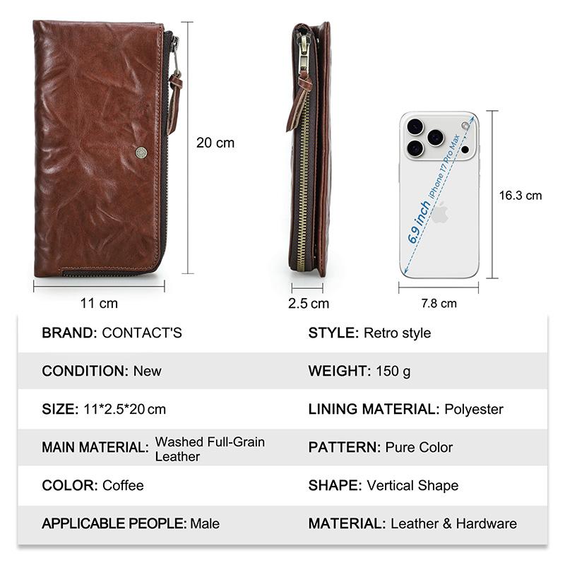 CONTACT'S Leather Wallet Men Retro Casual Natural Card Holder Coin Purse Male Travel Business Gift Long Wallet