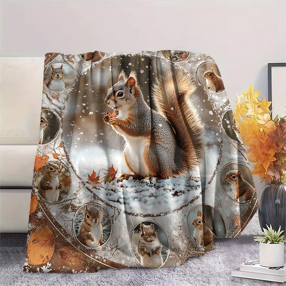 Squirrel Print Flannel Blanket, High quality Comfortable for All Seasons, Home Decor, Warmth and Comfort, Perfect for Christmas Gifts
