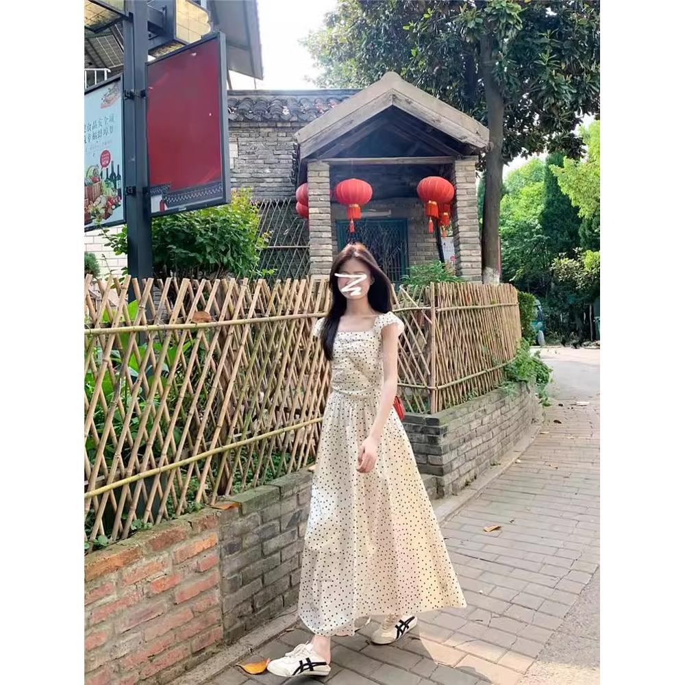 Polka dot small flying sleeve dress summer niche versatile waist thin a word medium and long dress