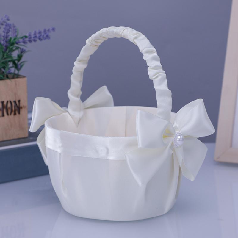 Pearl Handle Flower Basket Wedding Lace Bride Basket Pearl Decorative Flower Basket