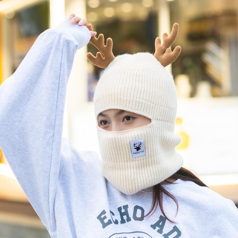 New Christmas antlers wool hat scarf dual-purpose pullover hat women's autumn and winter warm knitted hat cute ear protectors