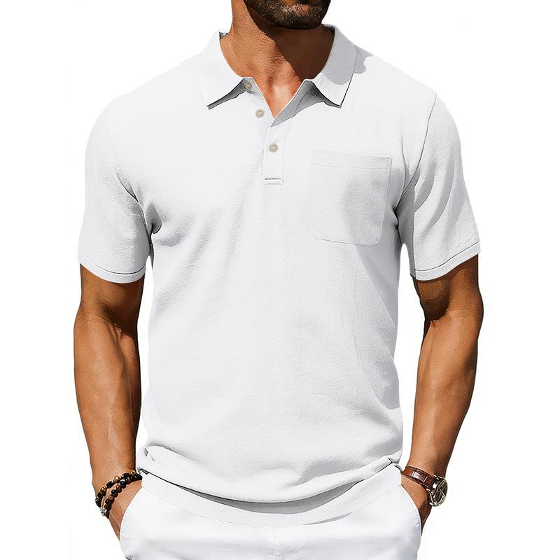 

Men Chest Pocket Turn Down Collar Short Sleeve Solid Casual Polo Shirt S белый