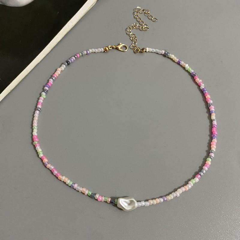 Fashion Boho Beads Necklace Women Imitation Pearl Seed Beaded Strand Short Choker Necklace Handmade Female Jewelry
