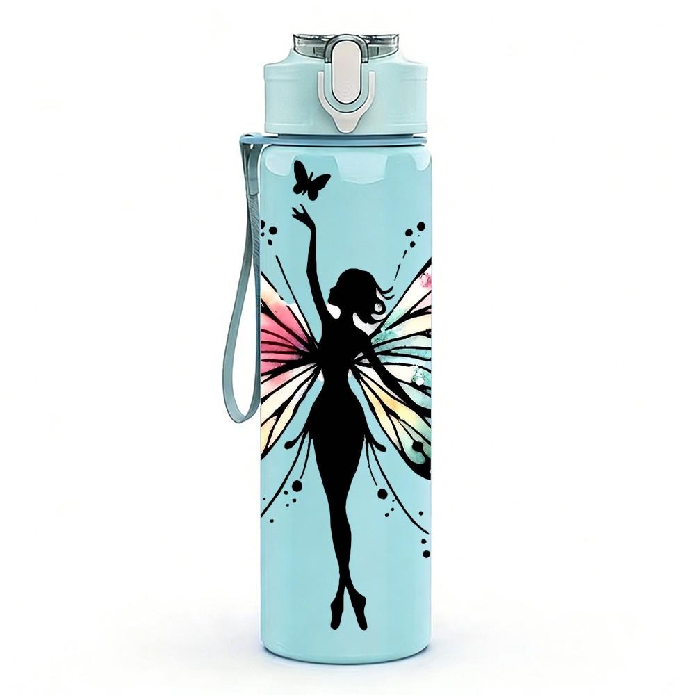 1PC Fairy Girl Butterfly Wings Floral Silhouette 750ml Color Plastic Sports Water Bottle Leakproof Flip Straw Lid Suitable for Sports Office Home Use