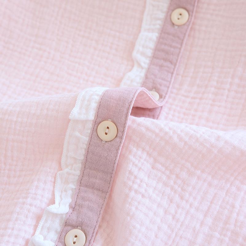 Spring and Autumn New Women's Pajamas Long-sleeved Trousers Two-piece Set 100%cotton Crepe V-neck Solid Color Fresh Homewear Set