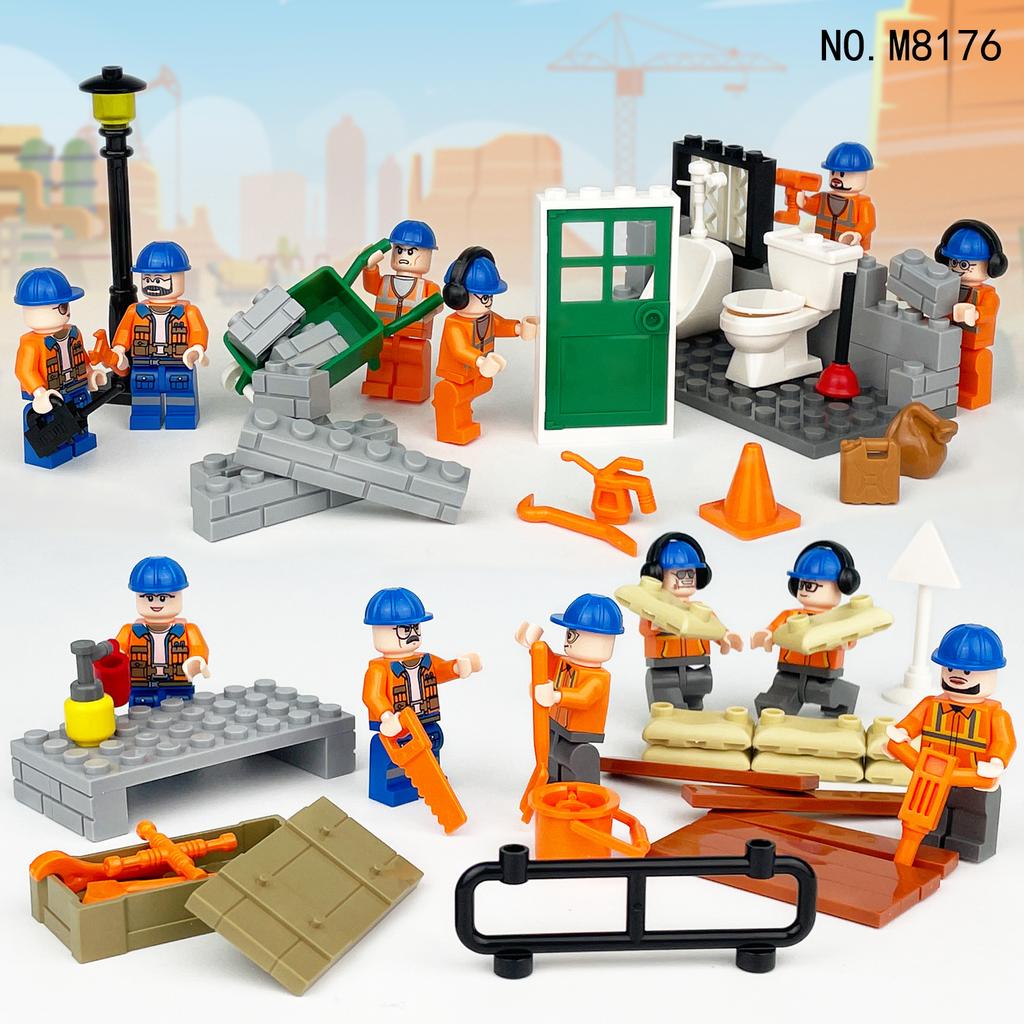 12 stk. Urban Series Bygningsarbeider Profesjonell Karakter Byggeklosser Leker