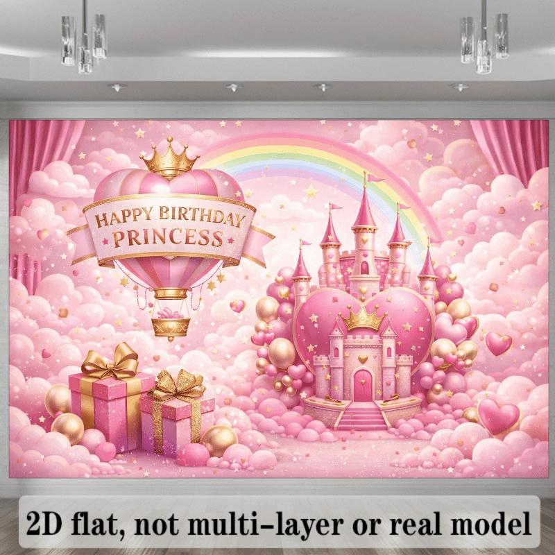 2d flat princess-style birthday theme background cloth with a pink fairy tale castle in the center of the picture