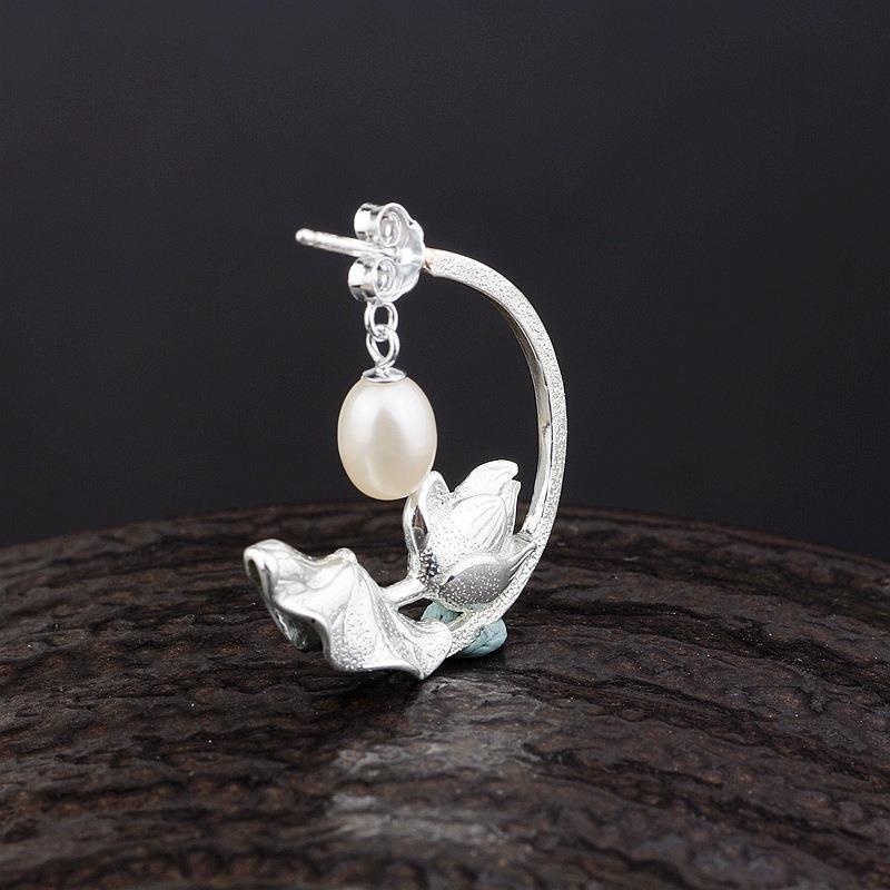 Three-Dimensional Craft Carving Lotus Pearl Earrings Chinese Style Retro Unique Light Luxury Female Jewelry