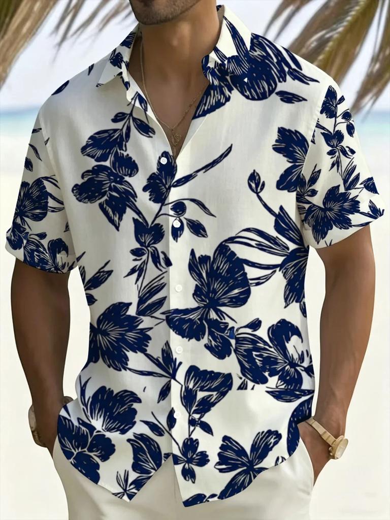 Tropical Leaf Print Short Sleeve Shirt, Casual Button Up Summer Shirt for Men