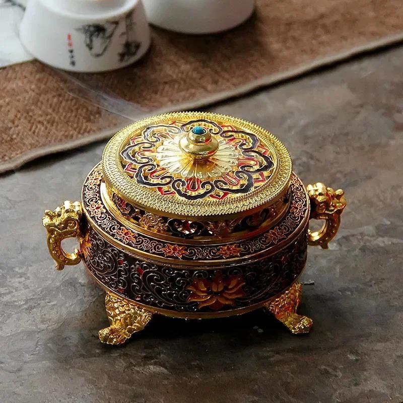 Copper Alloy Antique Incense Burner Aromatherapy Incense Burner Sandalwood Embossed Enamel Painted Temple Plate Incense Burner
