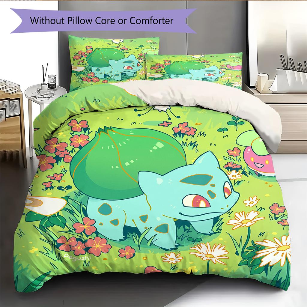 Pokémon Bulbasaur Vzor Povlečení Domácí Dekorace Narozeninový Dárek (1 * povlak na peřinu + 2 * povlak na polštář, bez jádra)