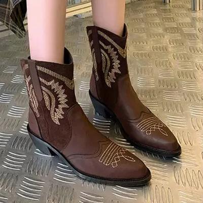 Damen Western Stiefeletten Mode Spitzzehen Bequeme Schuhe Heißer Verkauf 2024 Herbst Neu Leder Mittelhohe Absätze Klassische Pumps Femme Botas