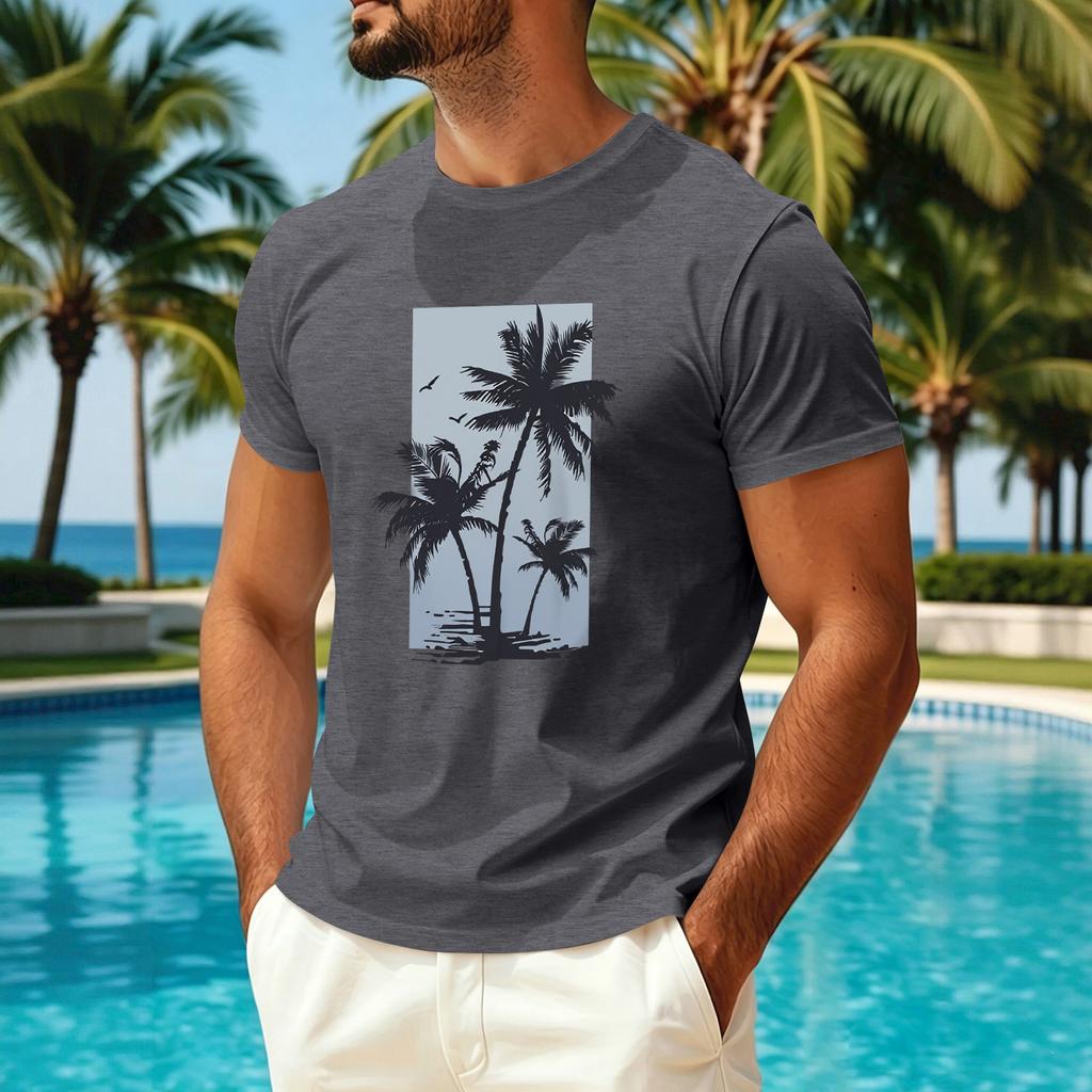 Men's Summer Casual Short Sleeve T-Shirt Hawaiian Print Crew Neck Quick Dry Breathable Sun Protection Ice Silk Fabric Top