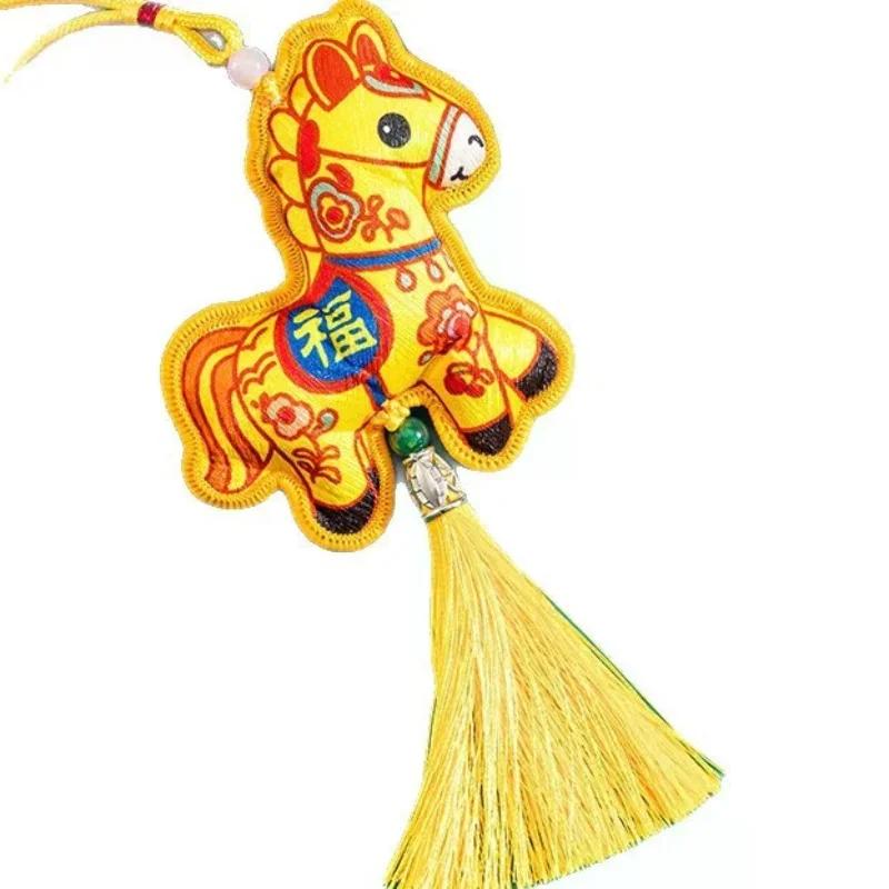 Chinese Zodiac Horse Mascot Pendant Embroidered Lucky Fragrant Bag with Tassels Car Hanging Incense Bag