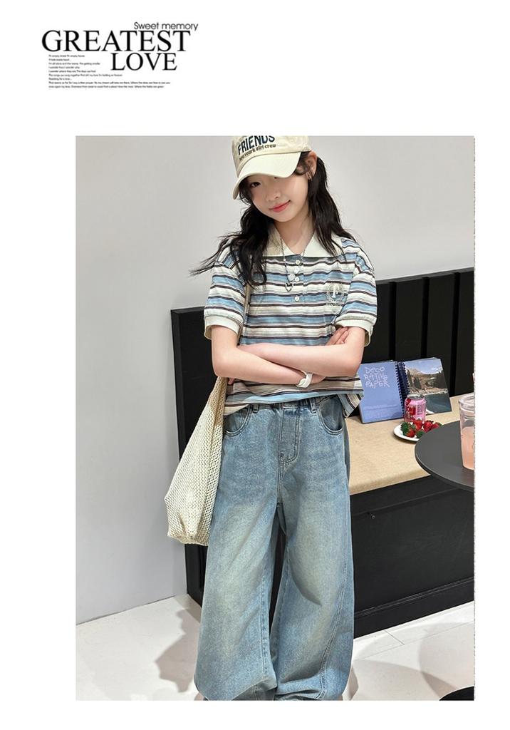 Girls' short sleeved polo shirt summer set, new summer outfit, children's women's clothing, student jeans two-piece set