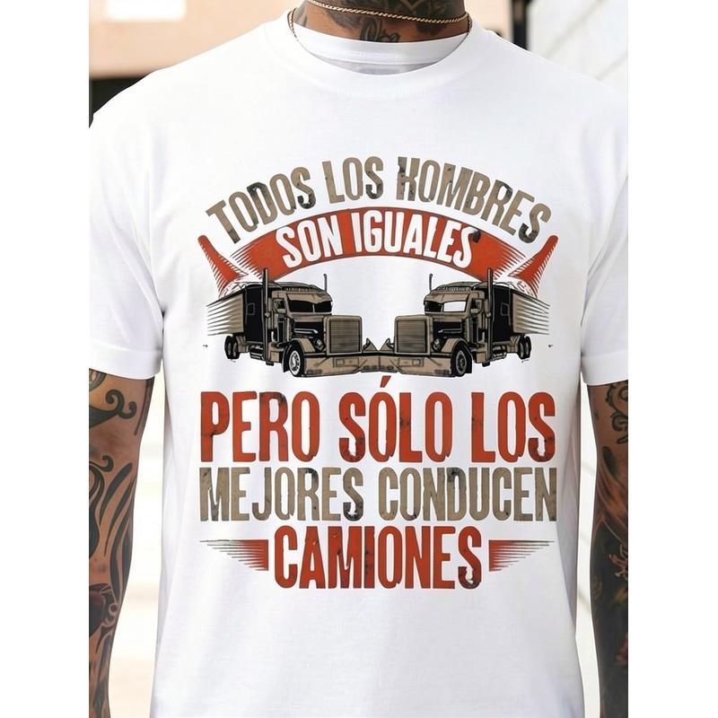 Men'S Black T-Shirt With Truck And Spanish Text Graphic For Casual Wear, PLUS SIZE