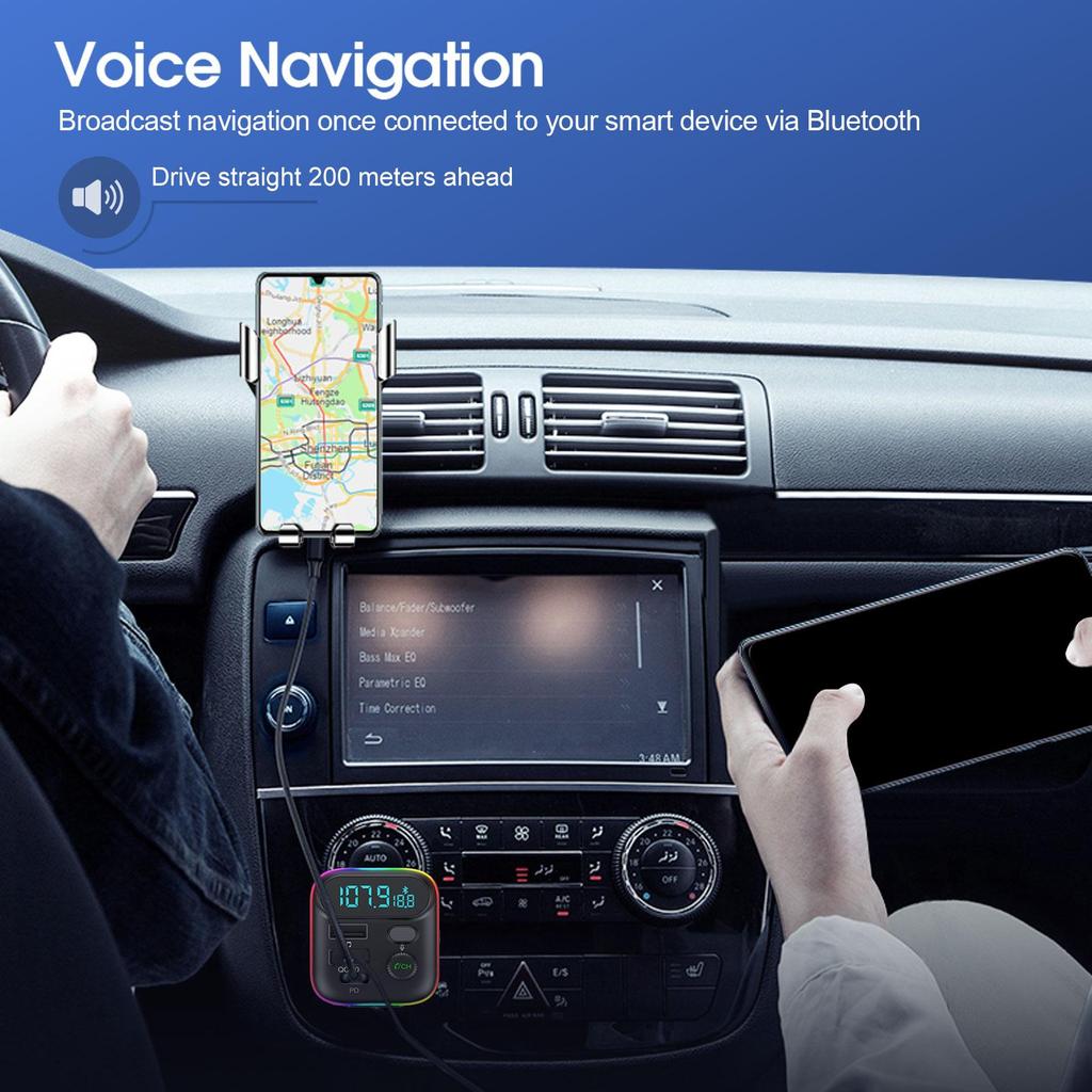 Car PD 18W QC3.0 Fast Charge Bluetooth 5.0 FM Transmitter Dual Player Music Type-C Colorful Ambient MP3 Light Cigarette Lighter