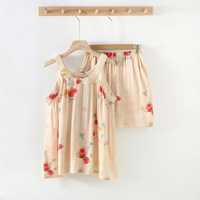 Bambusfaser bedruckte Damen-Homewear-Shorts-Set für den Sommer, dünn, bequem, lässig, Pyjama-Kleidung