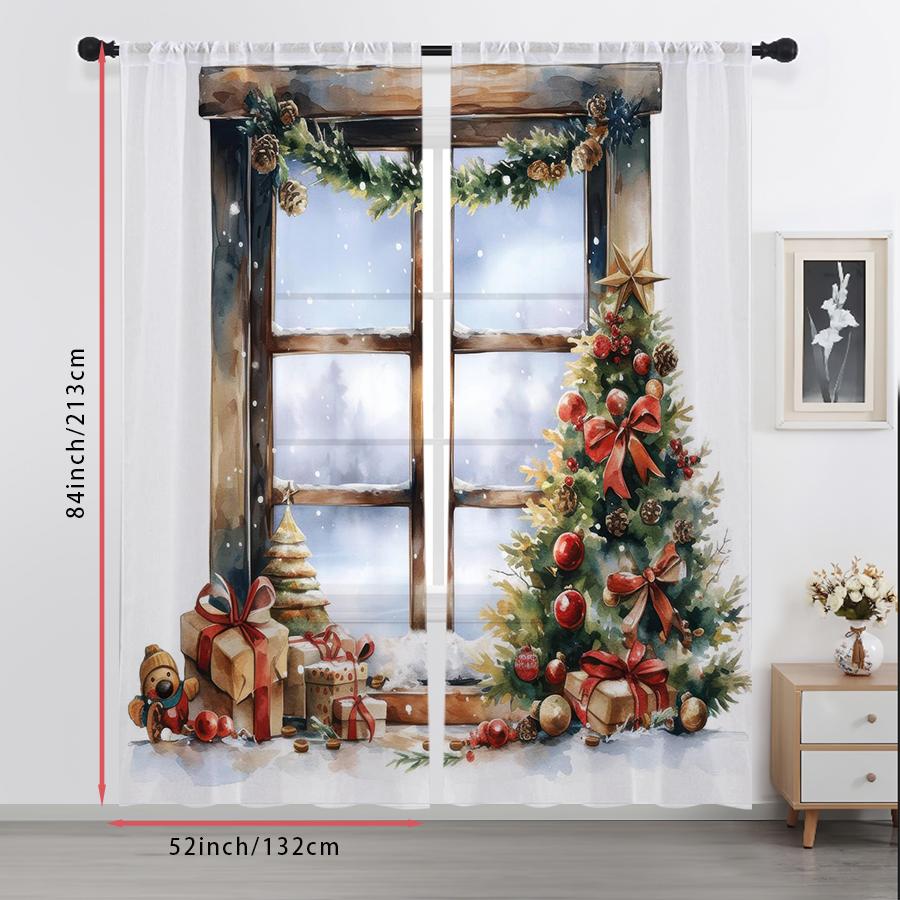2PCS Window Xmas Tree Sheer Curtains, Gift Box Watercolor Print, Rod Pocket Window Drapes for Christmas Holiday Decor