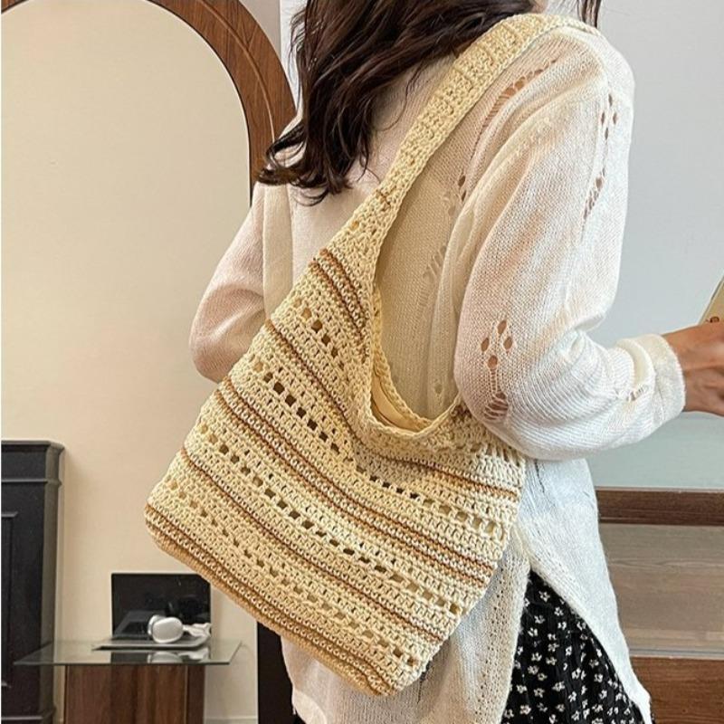 New Striped Cotton Thread Straw Bag Handwoven Bag Shoulder Handbag Large Capacity Resort Beach Tote Bag Women