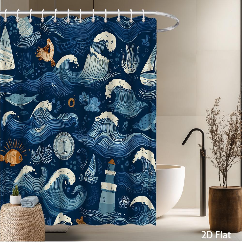 

Ocean Waves & Marine Life Shower Curtain – Nautical Theme with Sailboats, Lighthouse Fish, Deep Blue Art Design, Includes Hooks 90x180cm35x71in