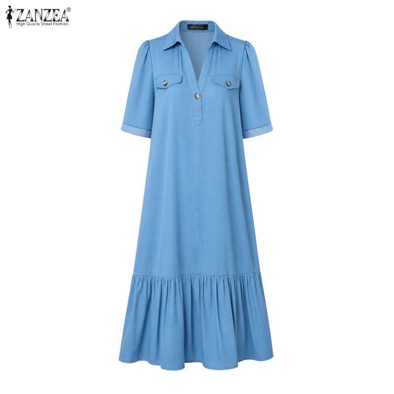 ZANZEA Damen Lässiges Einfarbiges Lockeres Kleid mit Umlegekragen und Halblangen Ärmeln