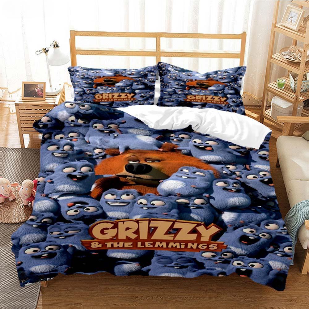 Grizzly & The Lemmings Cartoon Anime Husă de plapumă Set de lenjerie de pat cuvertură moale Husă de pilota și fețe de pernă Single/dublu/Queen/King