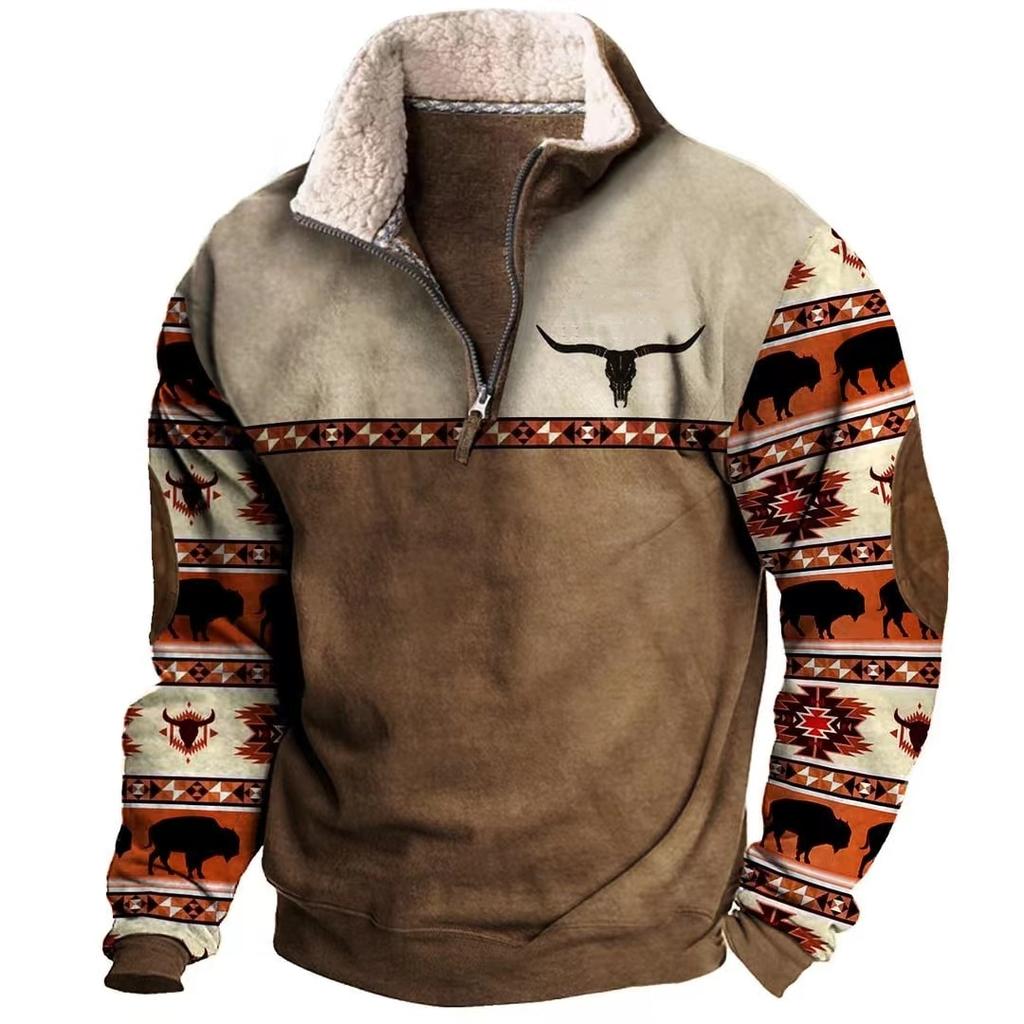 Mens Cowboy Sweatshirt Vintage Print Western Aztec Sweatshirt Casual Long Sleeve 1/4 Zip Fleece Pullover Menswear Hoodie Sweater