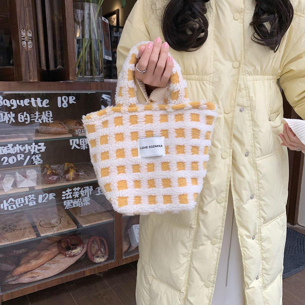 Jesienno-zimowa gofra z włosia jagnięcego Śliczna podręczna torba z grubej bawełny Damska przenośna torebka o dużej pojemności