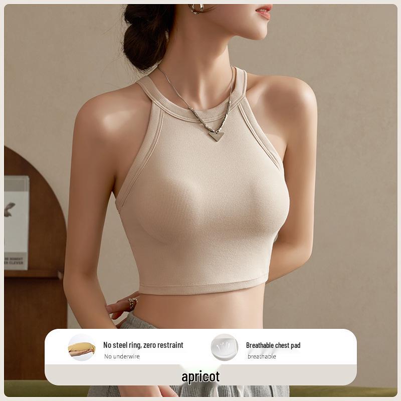 Halter Neck Sleeveless Crop Top with Chest Pads - Women's Beautiful Back Lingerie Bra & Summer Outerwear Belly-Baring White Top