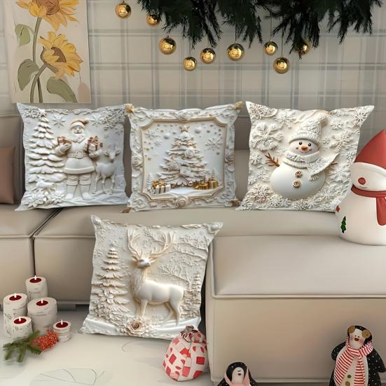 Yousheng 4Pcs Christmas Pillow Cover Santa Reindeer Snowman Tree Cushion Cover Decorative Square Throw Pillow Case for Home Living Room Bedroom Decor