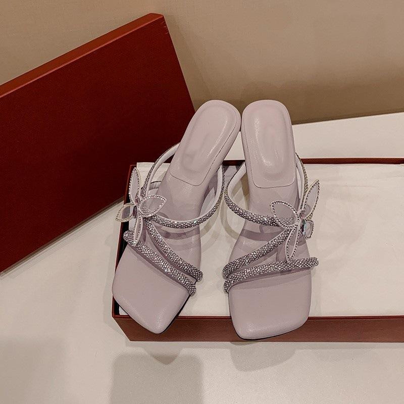 

Great good to wear cool slippers for women to wear in summer, stepping on shit, bow rhinestones, sexy high-heeled sandals 35