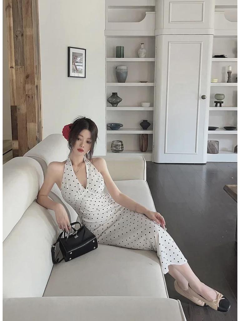 2024 Korean-French Style Backless Lace-Up Polka Dot Halter Neck Long A-Line Summer Dress