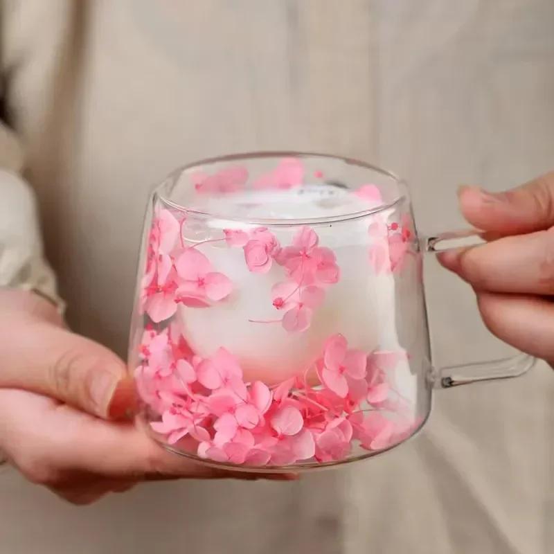200ml Double Wall Coffee Mug with Handles Transparent Flowers Clear Milk Cups Fill Artificial Simulation Drinkware Glass for Bar