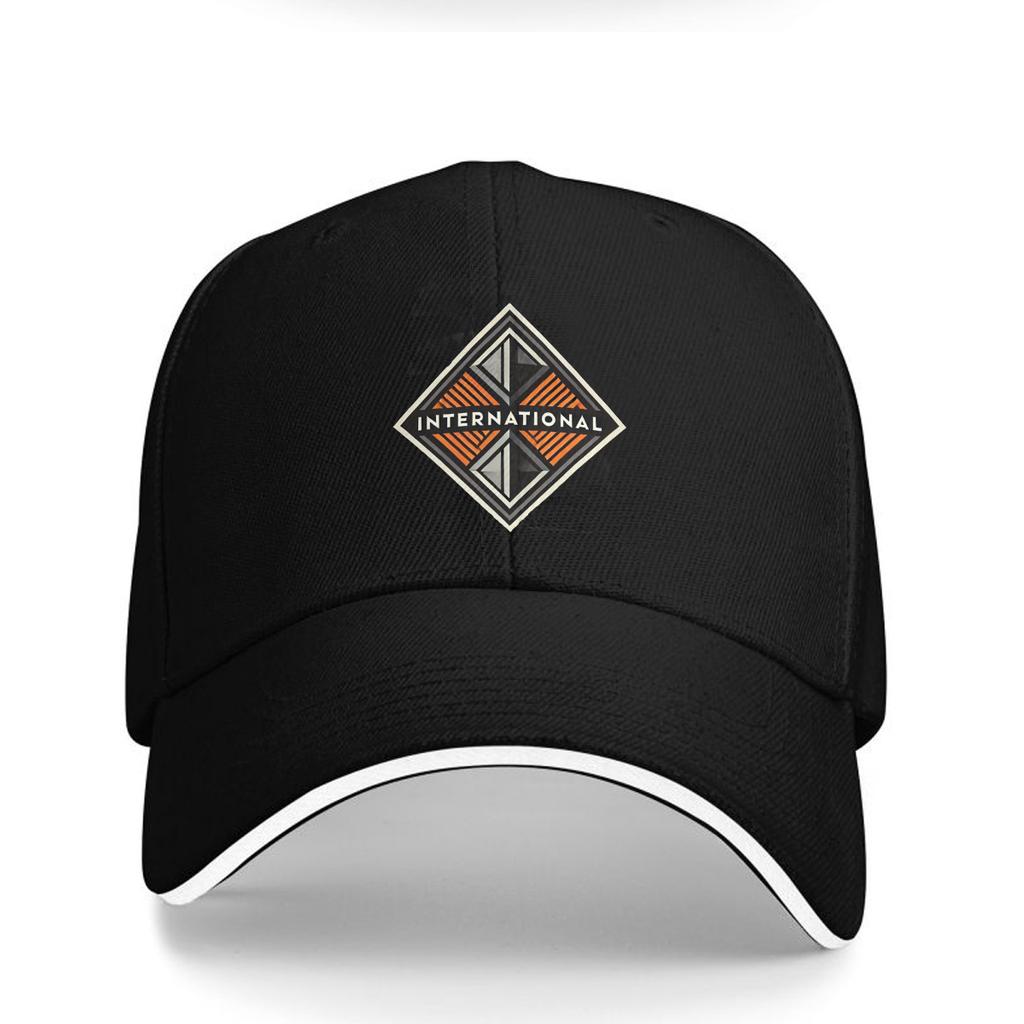 Outdoor Adventure Adjustable Lightweight Baseball Cap with Retro Geometric INTERNATIONAL Logo  Navy Blue PVC Coated