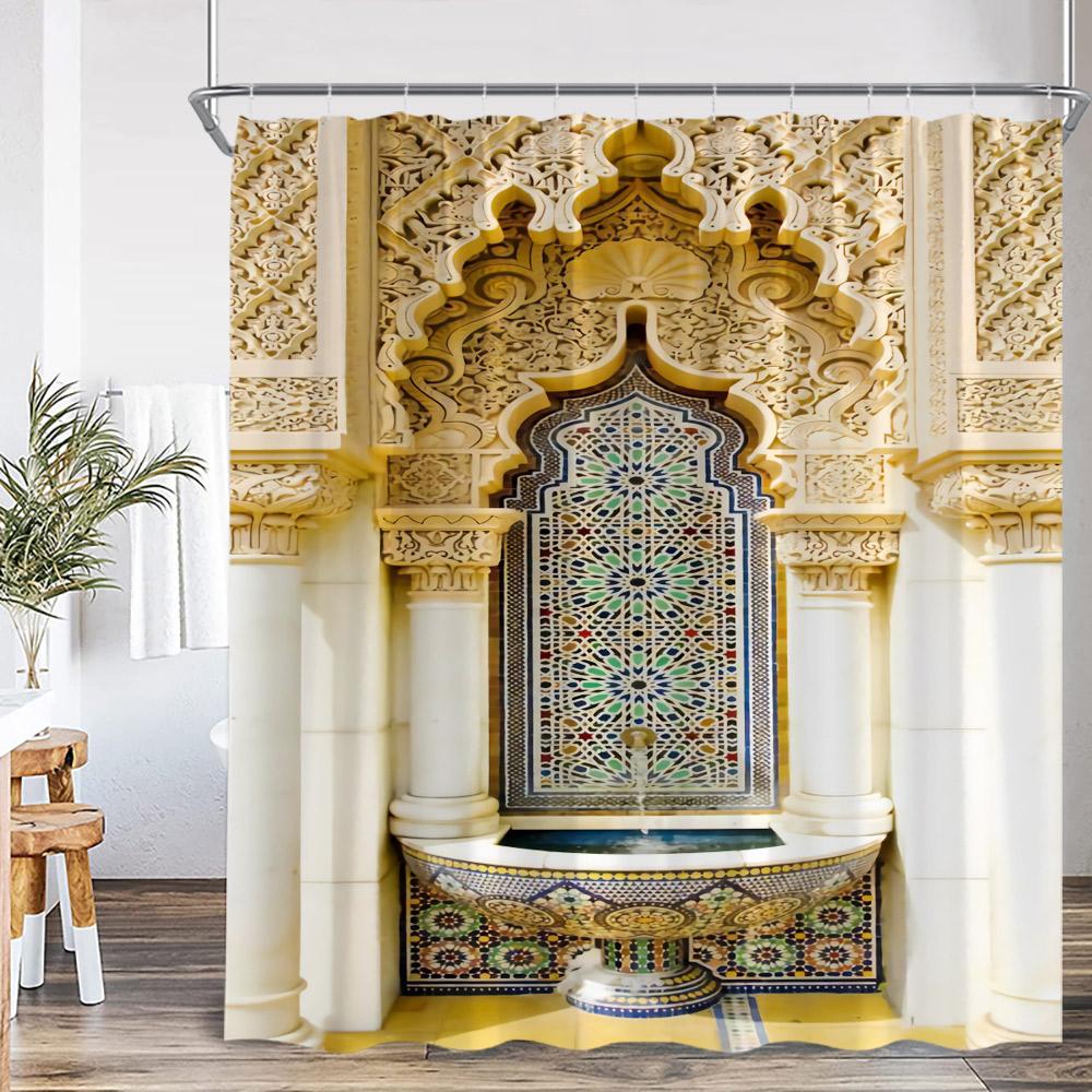 Vintage Moroccan Shower Curtain Ethnic Style Floral Art Retro Architecture Door Bathroom Curtain Polyester Home Decor With Hooks